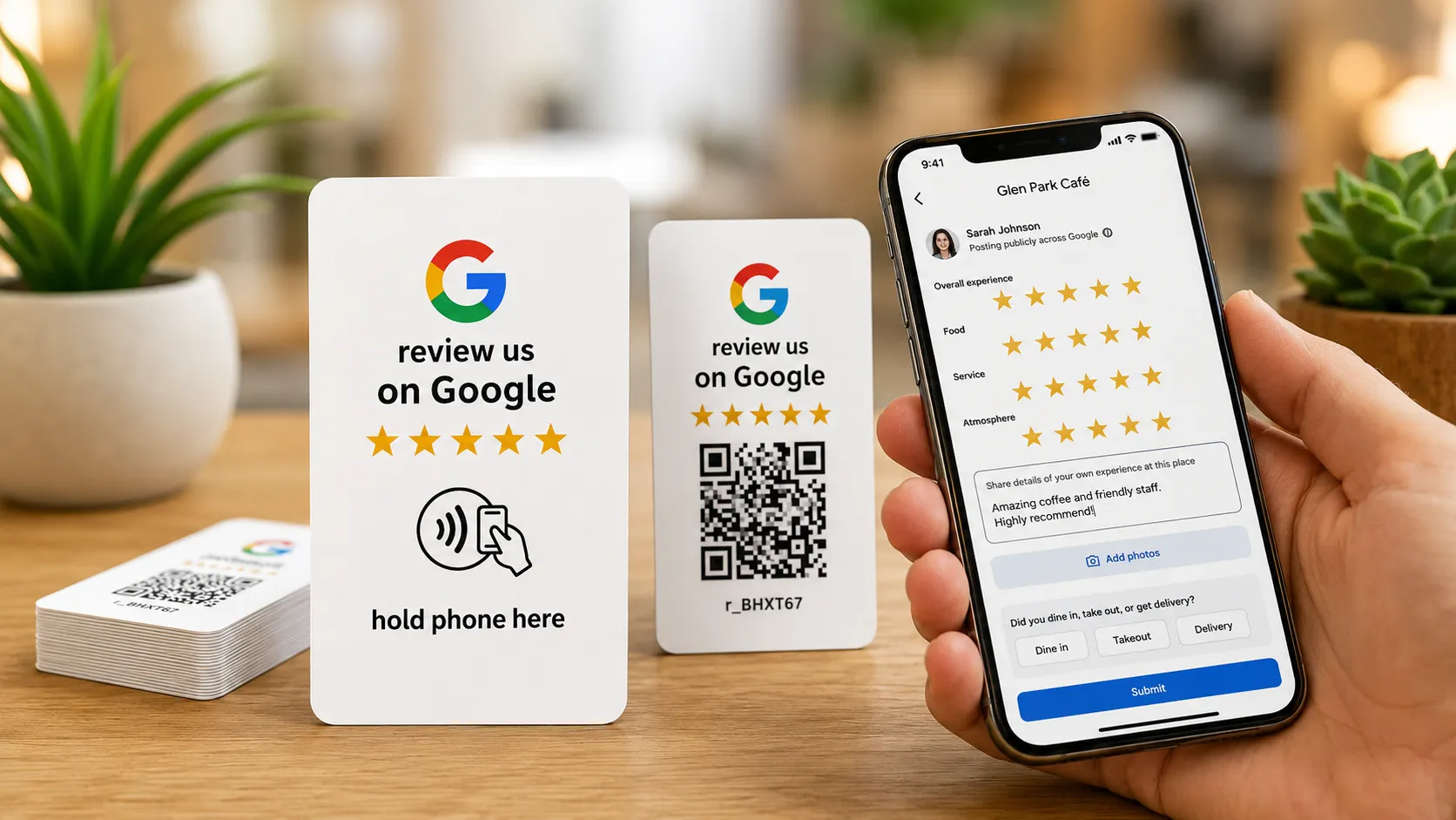 Customer using a phone beside QR and NFC review cards